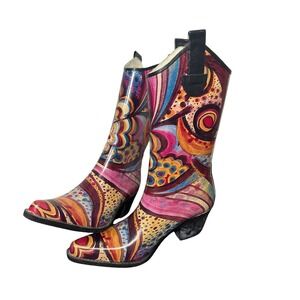 Womens Multi Color Abstract Psychedelic Print Rubber Western Rain Boots Size 6